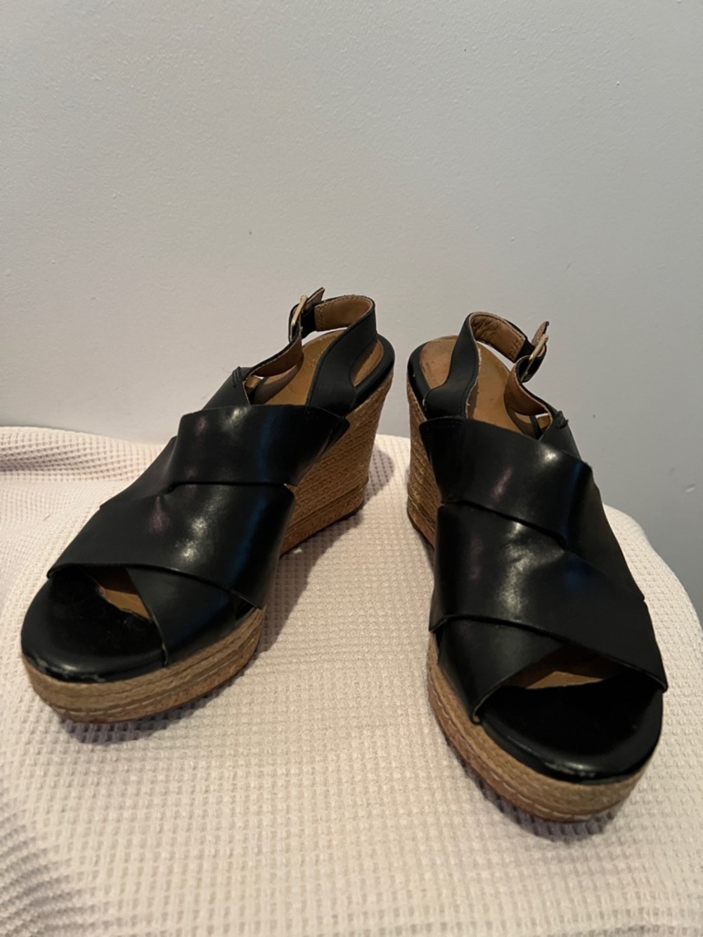 Clarks Black Leather Espadrille Wedge Sandals